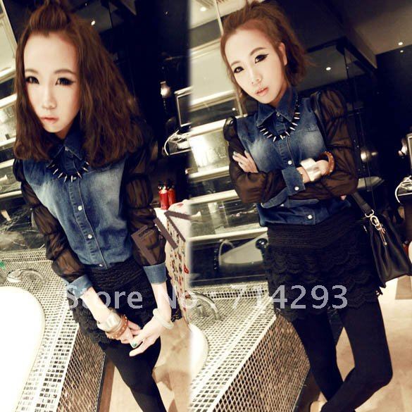 Free Shipping Europe Style/Sexy Lapel Chiffon Sleeve Shirt/Ladies' Jeans+Chiffon Blouse 6110