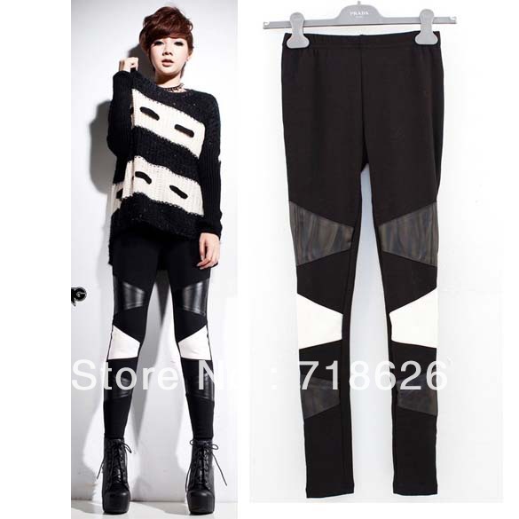 Free shipping European and American 2012 women's fashion triangular patchwork thin leather leggings W3462