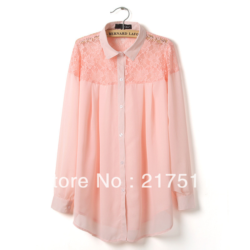 Free Shipping European New 2013 Women Chiffon Shirts Fashion Lace Mesh Patchwork Blouse Slim Pink/White Long Sleeve Shirt Top 20