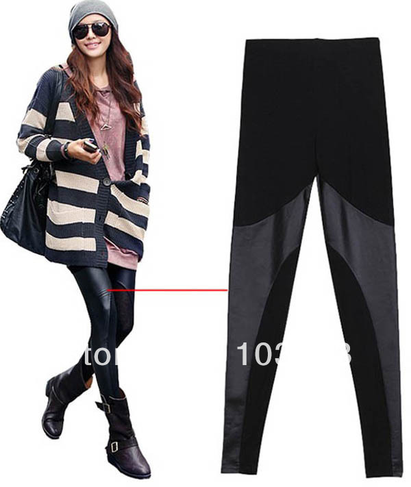 Free Shipping European New Arrival Sexy Women's Leggings Fashion Skinny  Fuex Leather Cotton Patchwork Pants Black V26