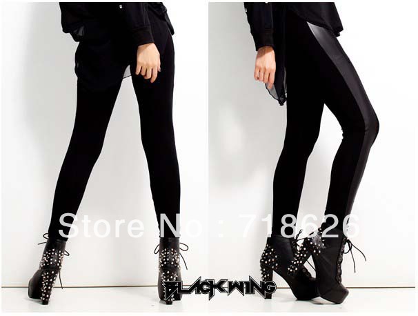 Free shipping European style 2012 autumn and winter women ladies fashion new leather stitching thin Leggings tights W3463