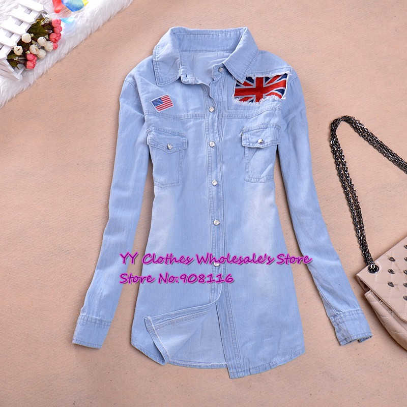 Free shipping,Excellent quality,1pcs/lot,2013 Korean Women pearl buttons long sleeve women flag hole denim shirts/blouse,X2911