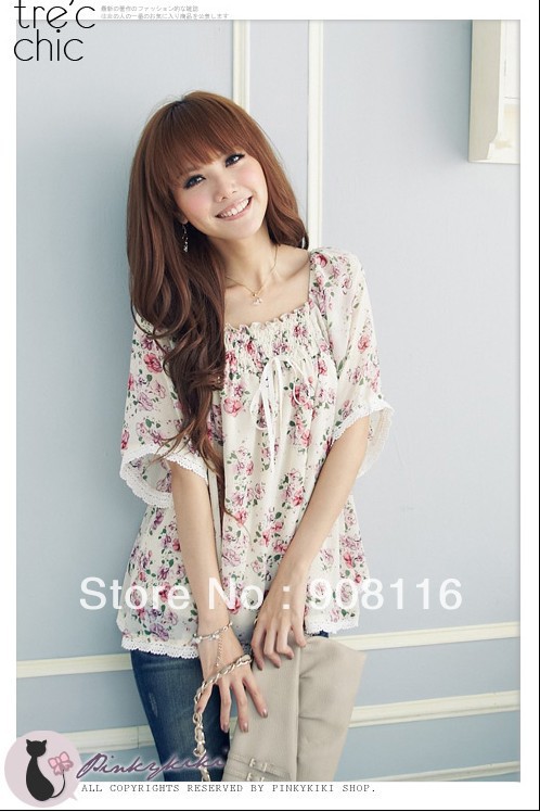 Free shipping,Excellent quality,2013 Korean Women elegant half sleeve elastic collar flower printed chiffon shirts/blouse,X2956