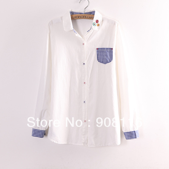 Free shipping,Excellent quality,2013 Korean Women lattice patch pure color flower embroidery cotton shirts/blouse,X2900