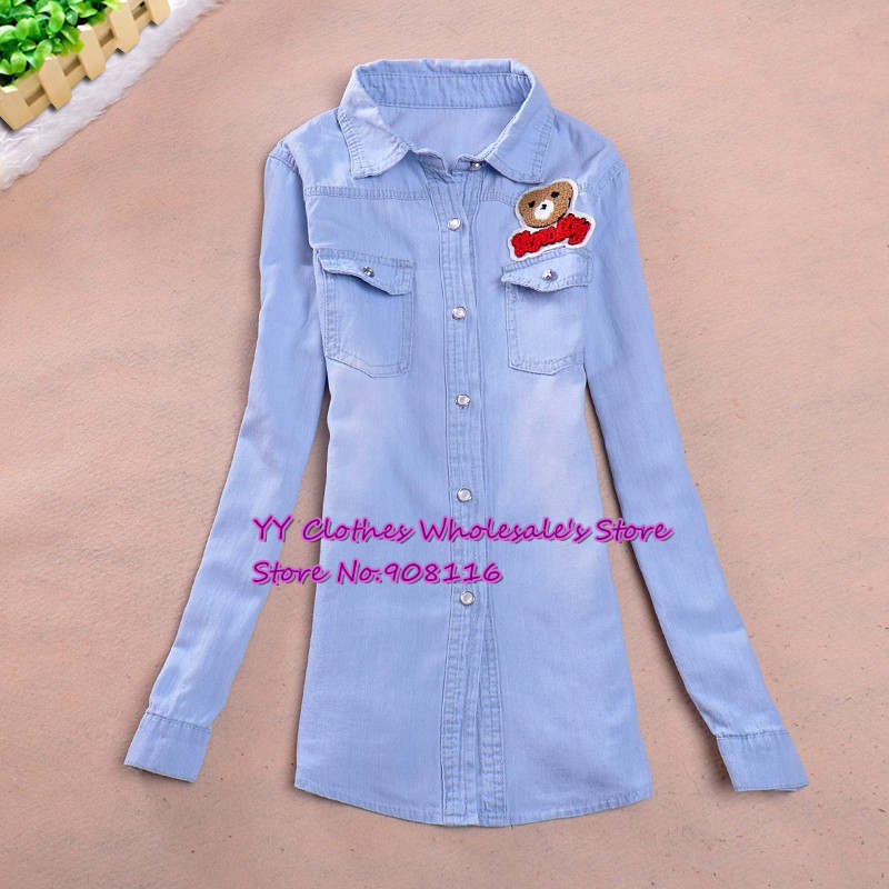 Free shipping,Excellent quality,2013 Korean Women pearl buttons long sleeve women denim shirts/blouse,X2904