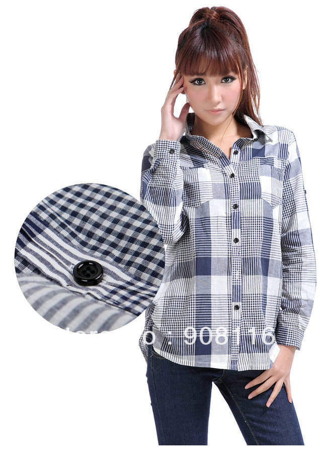 Free shipping,Excellent quality,2013 New Women long sleeve campus/college plaid casual cotton formal shirts/blouse,M,L, X2941