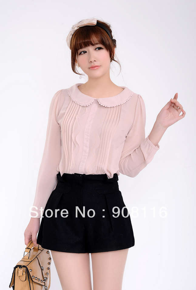 Free shipping,Excellent quality,2013 New Women long sleeve sweet elegant casual chiffon shirts/blouse,S,M,L, Pink,White, X2929