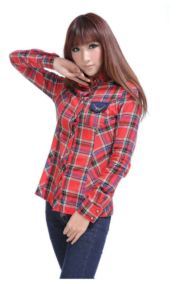 Free shipping,Excellent quality,2013 New Women long sleeve sweet plaid cotton shirts/blouse,1pcs/lot,Red,Blue,X2931