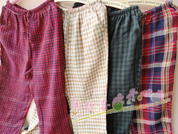 free shipping export Female summer plaid 100% cotton double layer gauze pajama pants thin trousers lounge pants pocket