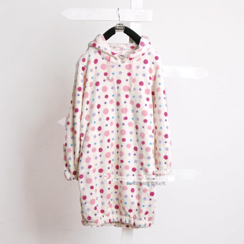 free shipping export Polka dot with a hood coral fleece robe women's nightgown