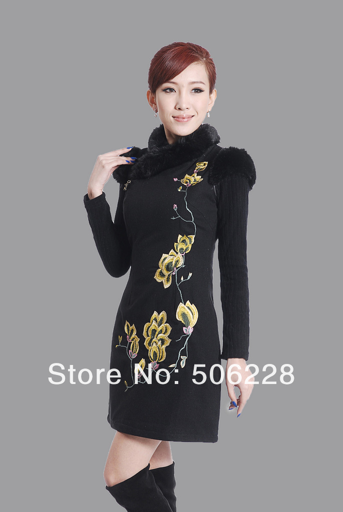 free shipping exquisite China Cheongsam women dress ,fashion autmun,winter embroidery dress with China Style black