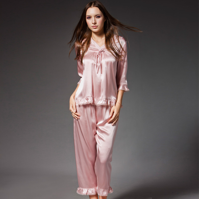 Free shipping Exquisite lace silk up and down suit sleepwear female mulberry silk lounge 9007 pure silk