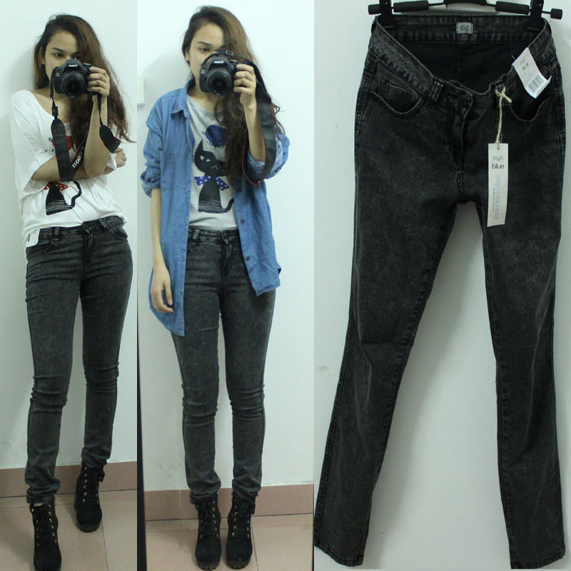 Free Shipping F&f blue all-match fashion plus size water wash skinny pencil pants jeans female