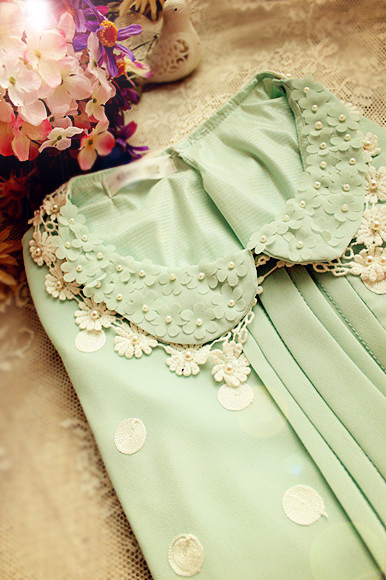 Free shipping Fairy pearl peter pan flower pleated vintage sweet dream long-sleeve vintage chiffon shirt