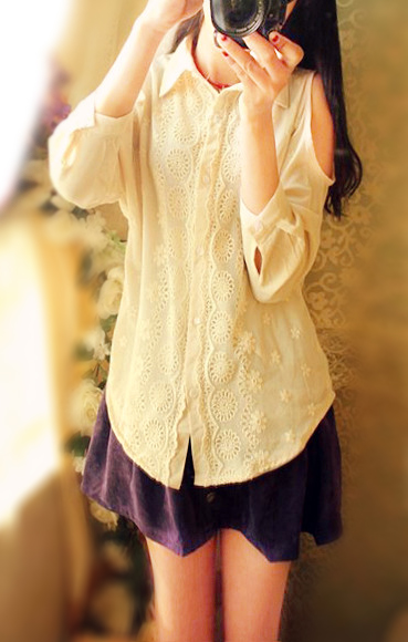 Free shipping Fairy strapless lace vintage cutout sweet flower embroidery chiffon vintage shirt