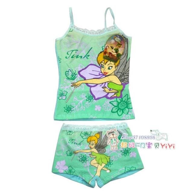 free shipping fairy tinkerbell tink girls sleeveless tops vest shorts underpants boxers green 95% cotton sleepwear pajamas