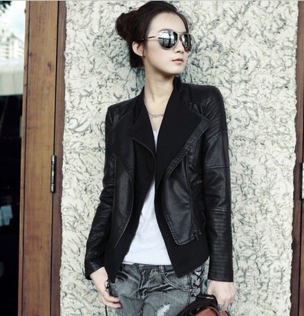 Free Shipping Famous brand women leather jacket top pu motorbike jacket coat lady cool slim splicing short style jacket