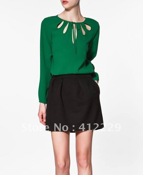 Free shipping fan-shaped hollow out solid color long sleeve thick chiffon blouses & shirts 2012 new fashion