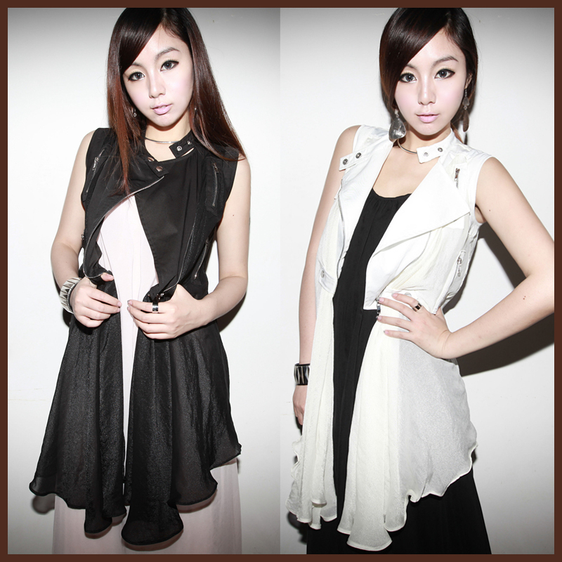 Free Shipping Fanny 2012 autumn women's zipper chiffon decoration slim turn-down collar vest