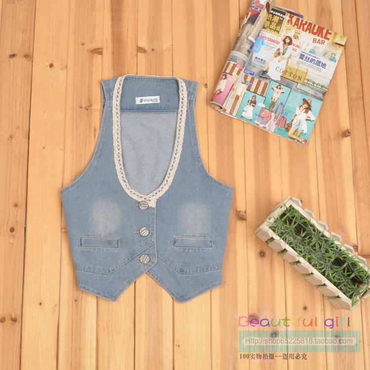 Free Shipping Fashion 2 - women's vest - single breasted V-neck lace decoration wearing white denim vest