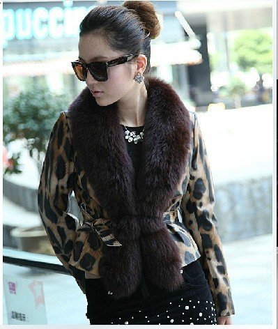 free  shipping Fashion 2011 Leopard fox fur collar leather sheep skin leather women's fur coat