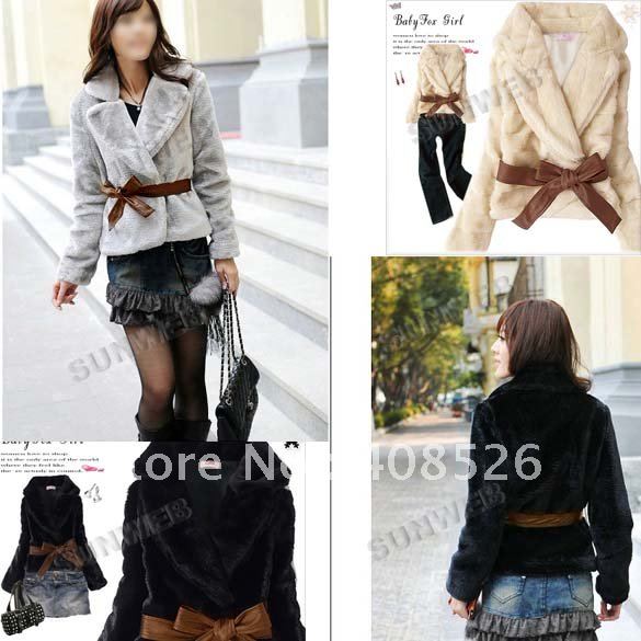 free shipping Fashion 2012 Hot Sale Korea Faux Fur Rabbit Hair Lady Coat Warm Jacket Fluffy Short Outwear Belted 3376