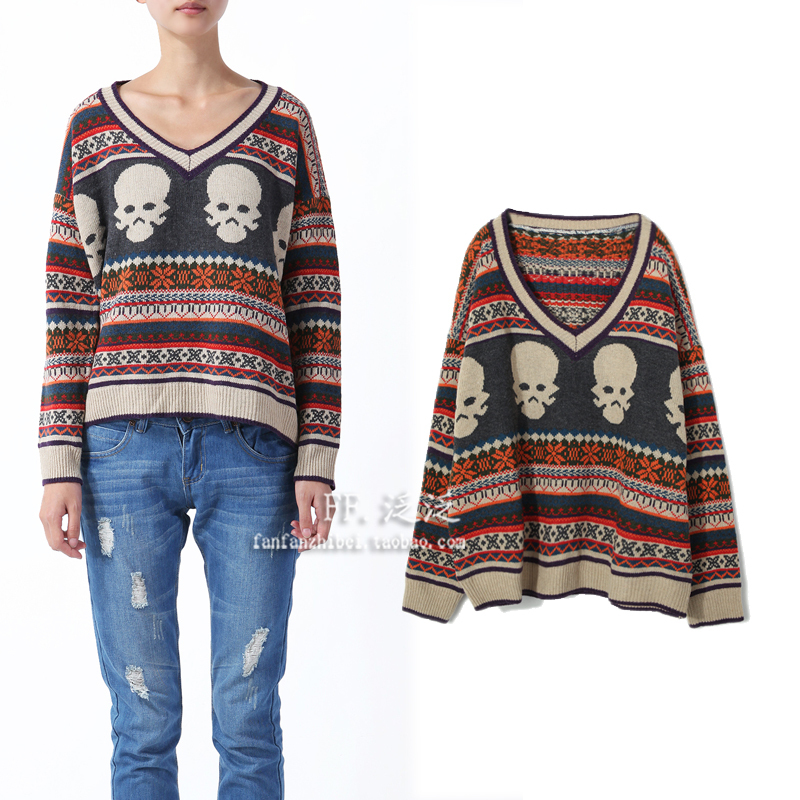 Free shipping Fashion 2012 skull long-sleeve V-neck stripe sweater female outerwear women's