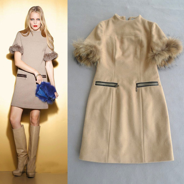 Free shipping Fashion 2012 women's fashion luxurious fur stand collar raccoon fur cuff cashmere one-piece dress ED130