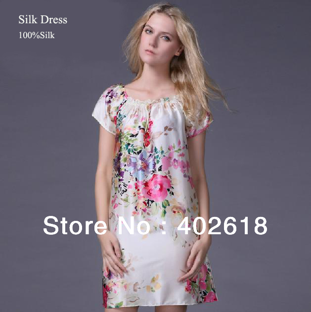 Free Shipping--Fashion 2013, Ladies Silk dress, 100%Silk material, ladies gown, Pajamas, Flower pattern, Free size