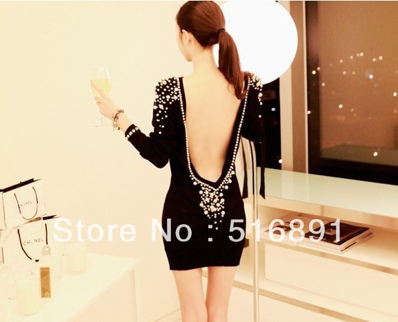 Free shipping fashion 2013 luxury deep v neck sexy pearl slim hip one-piece women's mini dress