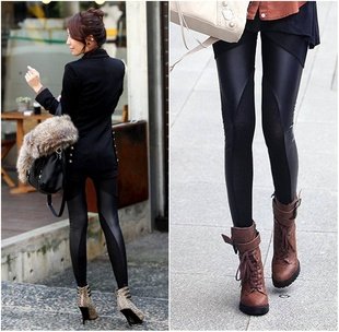 Free shipping Fashion and Both sides oblique skin on cotton leggings in leather stitching