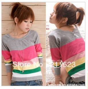 Free shipping! Fashion assorted colors striped sweaters for women, V-neck & O-neck reversible sweater, women's pullovers sweater