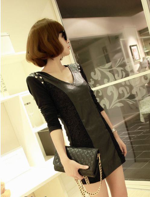 Free shipping Fashion autumn and winter slim punk lace patchwork rivet long-sleeve leather one-piece dress