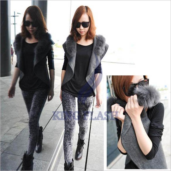 Free Shipping Fashion Autumn Korean Women's Vest Imitation Rabbit Fur Collar Jacket Coat Vogue