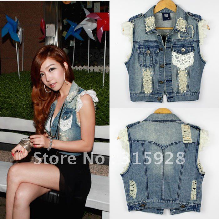 Free Shipping Fashion badge Retro Do the old hole bead denim vest 9978 vest women jeans