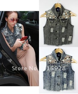 Free Shipping Fashion Bead women's jacket Slim jacket denim vest 9453 vest women