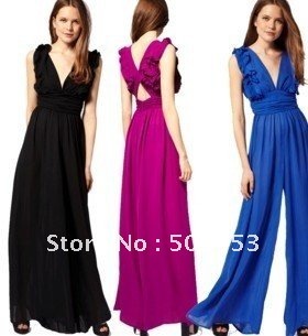 Free shipping fashion beautiful sexy dark V fungus chiffon catsuit waist edge ruffles sleeve women black purple jumpsuit pants