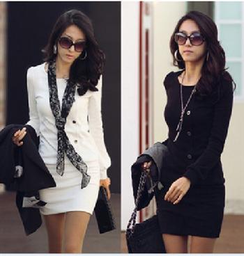 Free shipping fashion black and white colors,elegant  slim hip military buckle one-piece dress