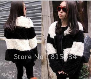 Free shipping Fashion black and white stripe berber fleece thickening outerwear/ both side can be wore winter warm faux fur coat