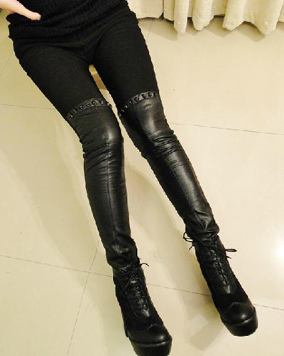 Free Shipping Fashion Black Cotton Leggings Faux Leather Panels Tights Slim Winter Women Pants