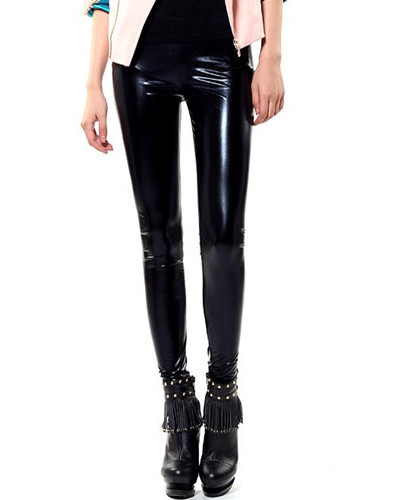 Free Shipping Fashion Black Faux Leather Leggings with Long Zipper Skinny Tights Women Pants