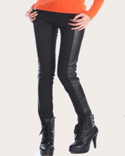 Free Shipping Fashion Black Faux Leather Panel Leggings Skinny Footless Tights Ladies Pants