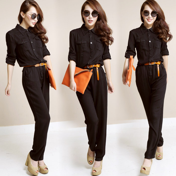 Free shipping!fashion black tooling pocket loose thin straight jumpsuit ,ladies overalls