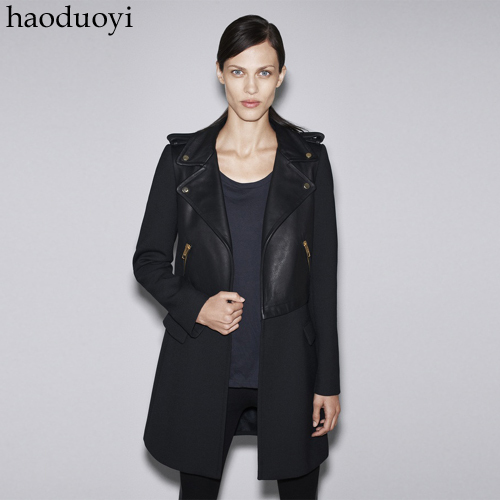 Free shipping, Fashion black woolen leather patchwork overcoat lookbook zipper trench thickening female outerwear ,37