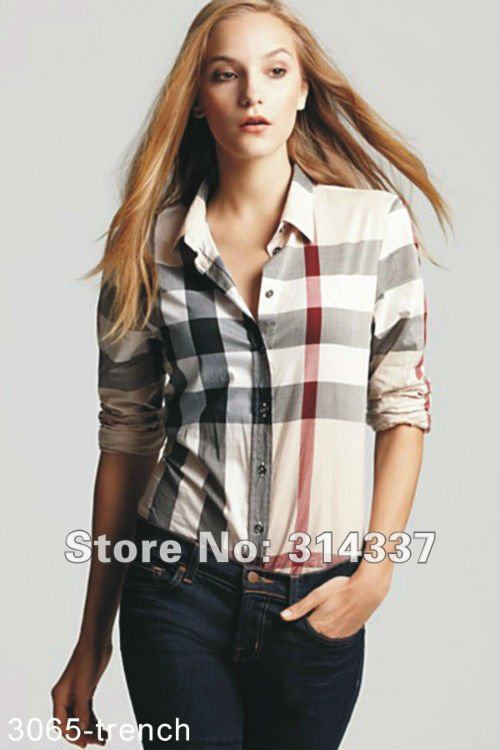 Free shipping fashion bur berryplaid women shirt,women's long sleeve shirt ,apricot cotton turn-down collar women T-shirt / 3065