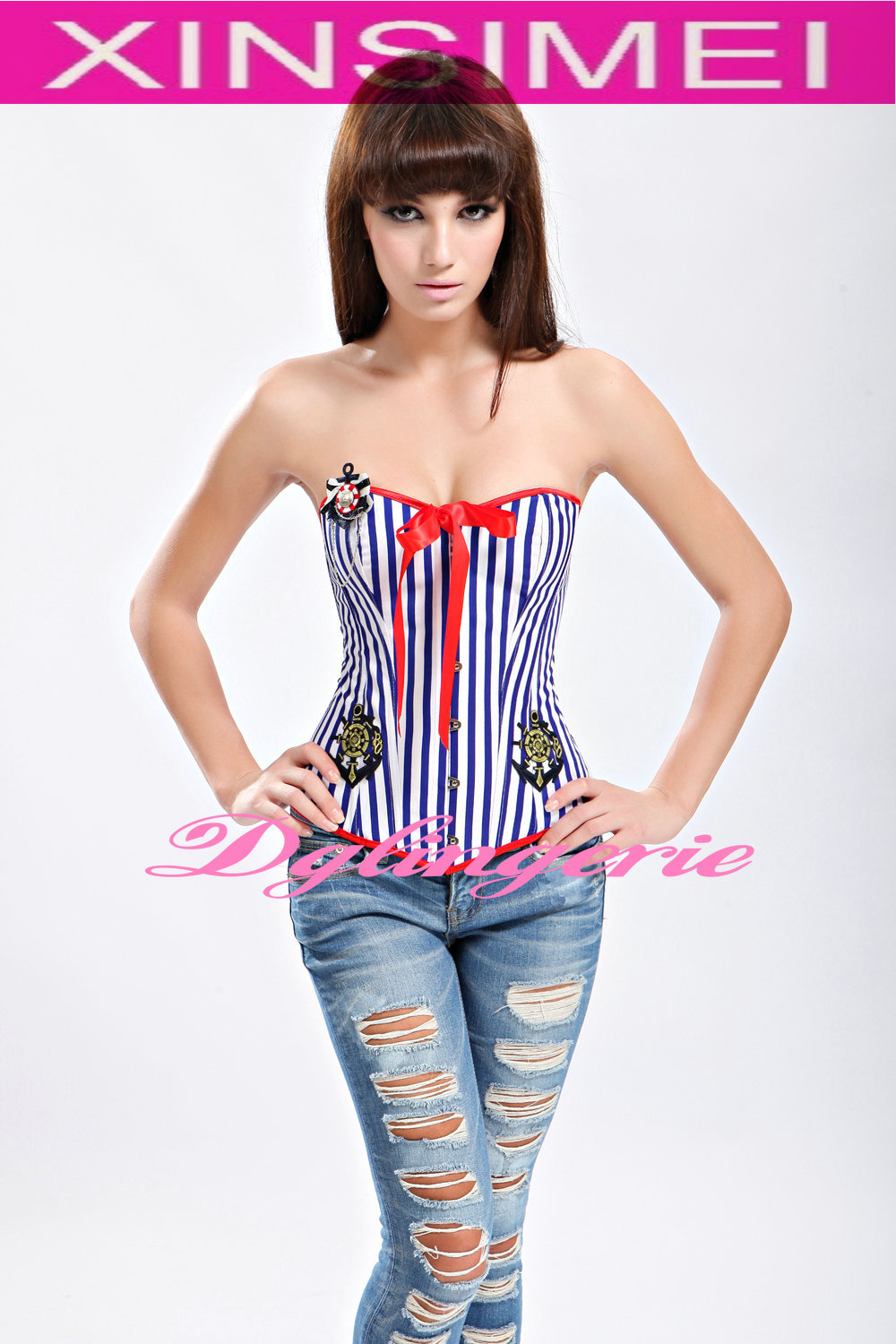 Free Shipping Fashion business suit strapless striped Corset Bustier + G-string