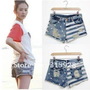 Free Shipping fashion casual frayed flag printed jeans shorts women 8017 hot pants