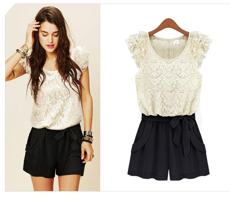 Free shipping, Fashion Chiffon 2013 Lace Ruffle Sleeve Round Collor Jumpsuits Overall Women Shorts,B08