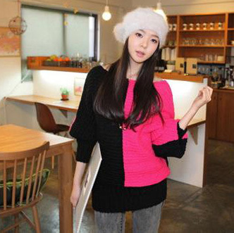 Free Shipping Fashion color block decoration batwing sleeve pullover sweater 3345 MY