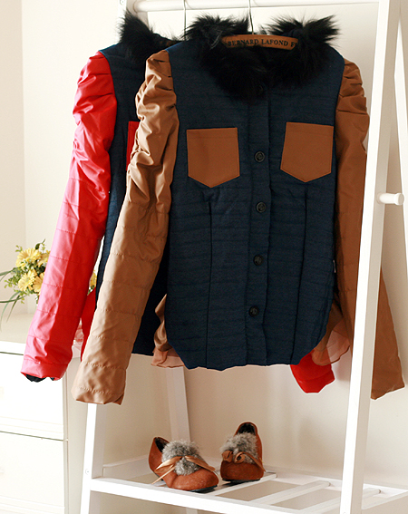 Free shipping Fashion cool double pocket fur collar plaid crimping denim leather puff sleeve slim dovetail wadded jacket